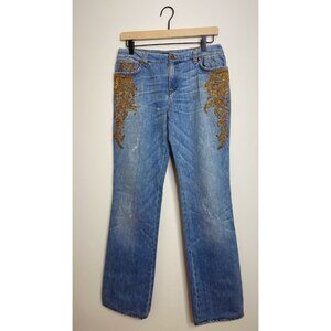 Vintage Roberto Cavalli Gold Embroidered Wide Leg Jeans 2000’s Size 44 (US11 )